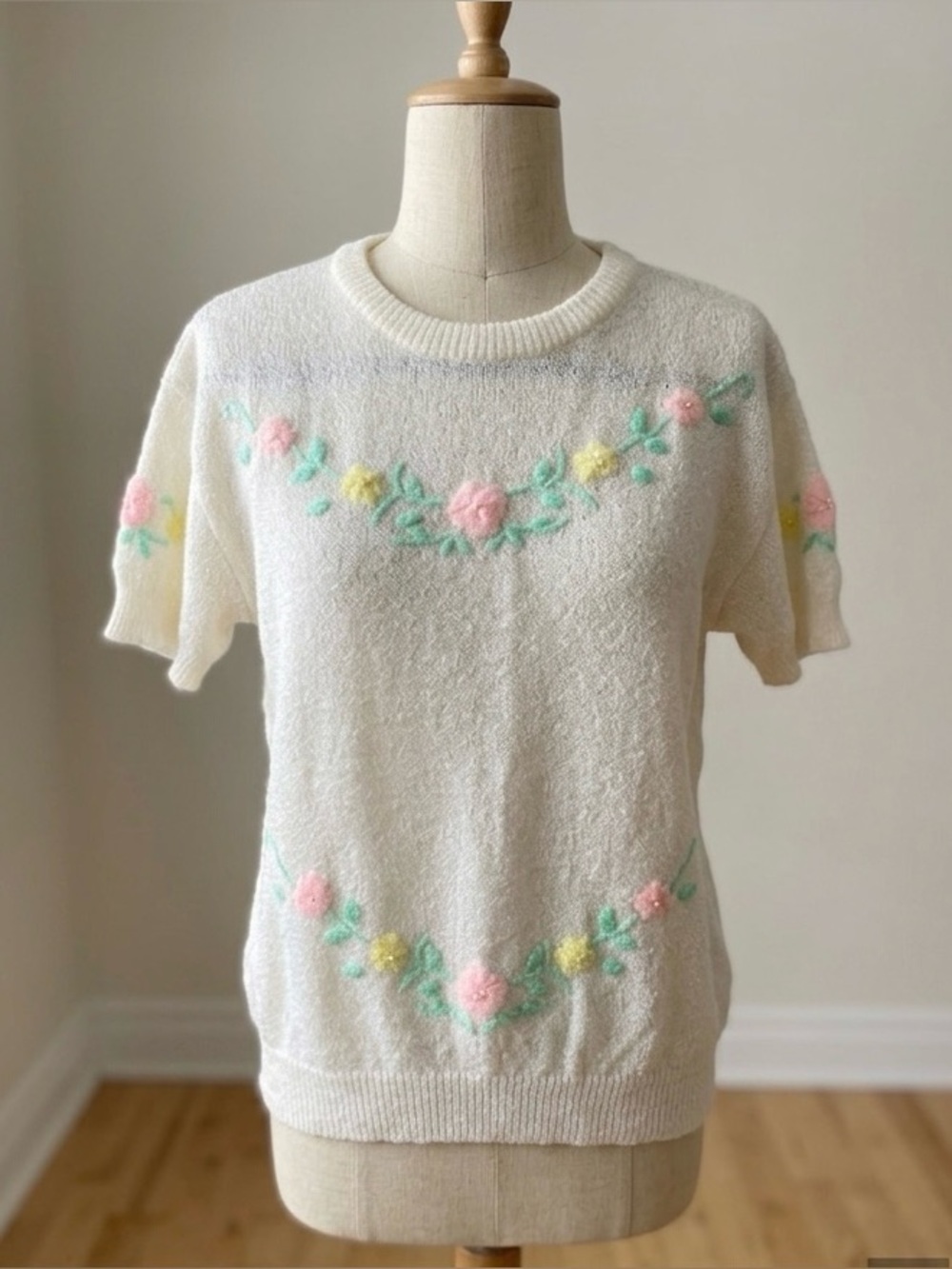 Vintage 80s Pastel Floral Embroidered Knit Sweater Beaded Coquette Grandmacore